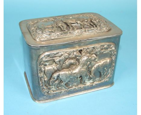 A plated two-division tobacco box with applied hunting scenes in relief, 17cm wide, 13cm high.