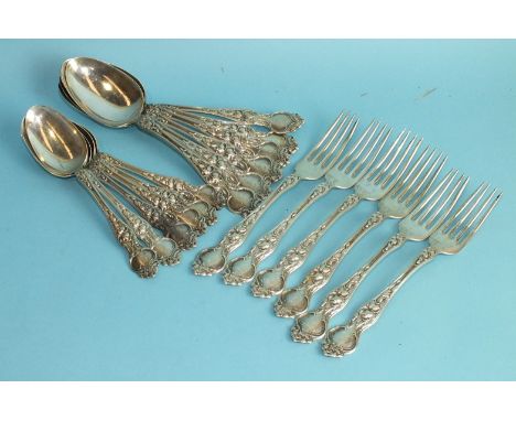 Six each sterling silver 'Violet' pattern tablespoons, dessert spoons and dessert forks by R Wallace & Sons, (American), ___2