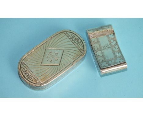 A George III snuff box by Samuel Pemberton, with rounded ends and bright-cut decoration, 7.5cm, Birmingham 1797 and another o