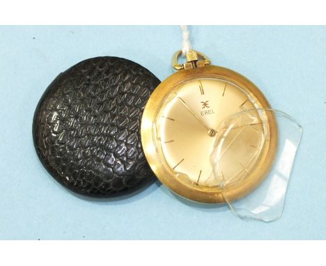 Ebel, an 18ct-gold-cased slim pocket watch, the gilt face with baton numerals, monogram to the back, 38mm diameter, in lizard