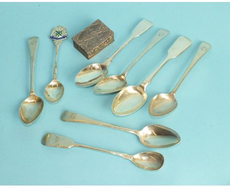 A collection of Georgian and later teaspoons and a modern rectangular embossed snuff box.