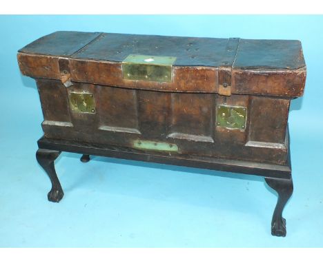 An early-20th century leather-covered brass-bound ammunition or mule box with chamfered rear bottom corners, stamped  "A R & 