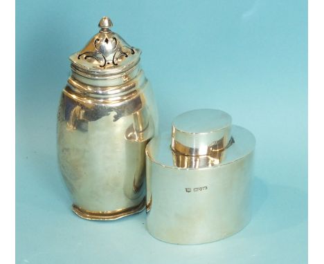 A plain oval tea caddy and lid, 9cm high, Chester 1912, ___3.8oz, (a/f) and an oval sugar caster, 16cm high, London 1912, ___