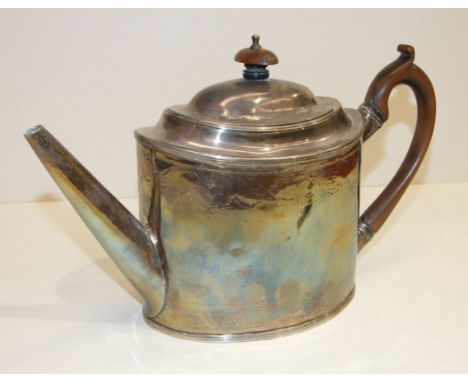 A George III oval teapot by Peter & Ann Bateman, of plain, slightly-tapered form, with wood finial and handle, 17cm high, Lon