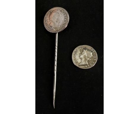 A James II silver Maundy three pence, 1687 and a William &amp; Mary Maundy four pence, 1692, later mounted as a stick pin (2)