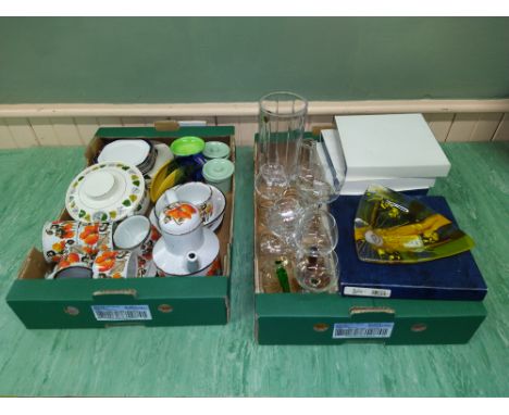 Two boxes of assorted china and glass including Royal Worcester collectors plates, Midwinter part coffee set, assorted wall p