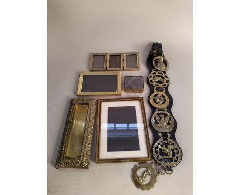 A Waymaster set of scales with weights, two flat irons, large brass pot with an assortment of brass ware, photo frames plus a