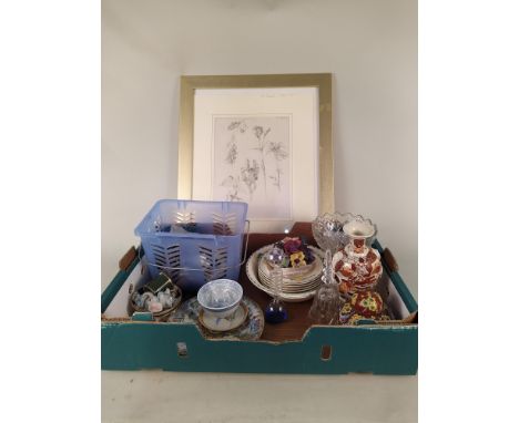 A framed pencil sketch of flowers signed Beaumont plus a box of mixed china and a tub of door knobs