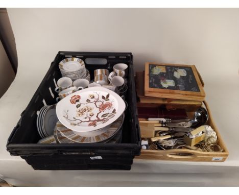 A mixed lot including a large quantity of Midwinter dinner and tea wares plus plated cutlery, a leather bound photo album, po