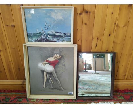 A mixed lot including a carved oak barometer, an embossed brass log bucket (as found) plus a Victorian swing mirror, prints e