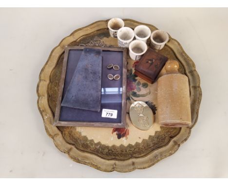 A hand painted papier mache tray, a hallmarked silver photo frame, a pair of silver cufflinks, a small wooden stamp box, a De