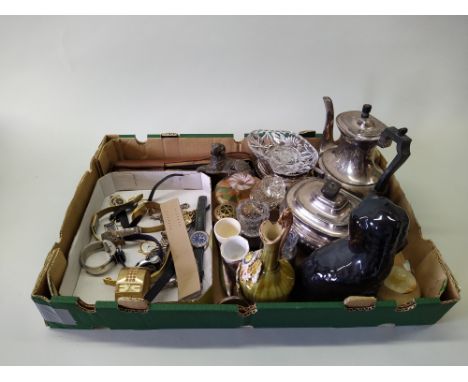 Mixed items to include a three piece plated tea set, approx seventeen assorted wristwatches, a cased camera tripod plus glass