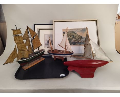 A vintage metal hulled pond yacht plus two model sailing ships, R L Armitage framed print of a view of Lynton and Lynmouth, a