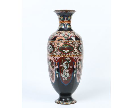 A large Japanese cloisonne hexagonal baluster floor vase. Black ground and decorated with panels of birds and dragons, 61cm h