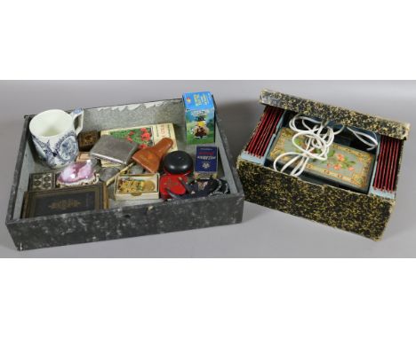 A German magic lantern along with a tray of collectables to include Tunbridge ware stamp box, badges, etc.
