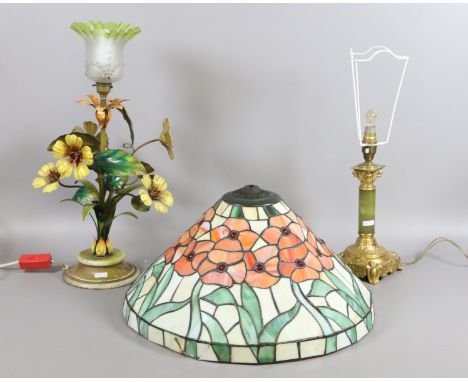 A Tiffany style ceiling lamp shade (AF) along with two table lamps.