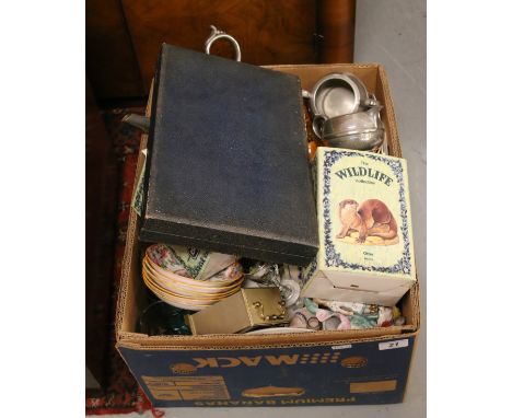 A box lot of various pottery, china and glass to include Dartington vase, teawares, quartz carriage clock, Falconware cavalie