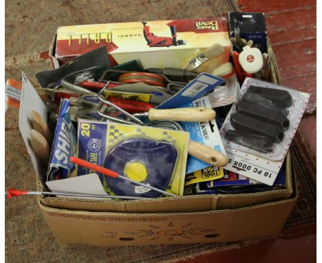 A box of unused tools to include Power Devil 240 volt power dill, Gunsons rapid start battery charger, drill bits, power sand