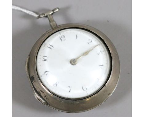 A Georgian silver pair cased fusee pocket watch by Thomas Moore and with enamel face assayed London 1763.