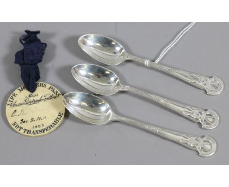 A set of three Elkington & Co rifle club silver teaspoons assayed Birmingham 1908, 44.54 grams along with National Rifle Asso