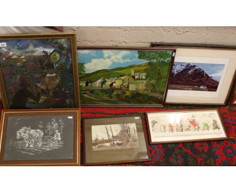 A selection of framed pictures and prints to include oil on board, a photo of a mountain landscape, signed print, etc.