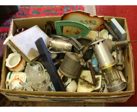 A box of miscellaneous pottery, china and glass to include Wade, Johnson Bros, perfume atomizer commemorative wares, cutlery,