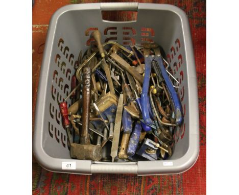 A box of assorted old tools to include chisels, rasps, spanners etc.