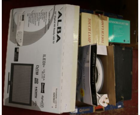 A boxed Alba 16" digital television with remote control along with halogen 40 watt heater, a 230 volt touch lamp, a porch lig