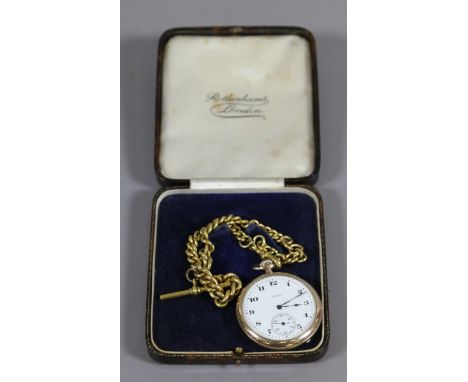 A gentlemens Elgin slim pocket watch in gold plated case with enamel face and subsidiary dial with yellow metal chain and Alb