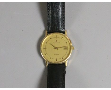 A boxed gentleman's 9ct gold cased wristwatch by Mappin & Webb with date chapter, baton markers, black leather strap and Quar