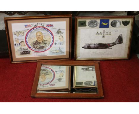 A framed print depicting a Hercules C1 all signed by ex crew members along with 'Victory in the Gulf' print and framed mirror