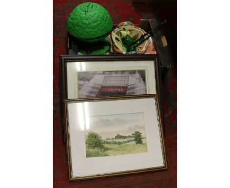 A box and contents of lace and linen along with various china and glass together with a framed print of Old Trafford and othe