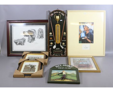 A novelty golf barometer along with an English setter print.