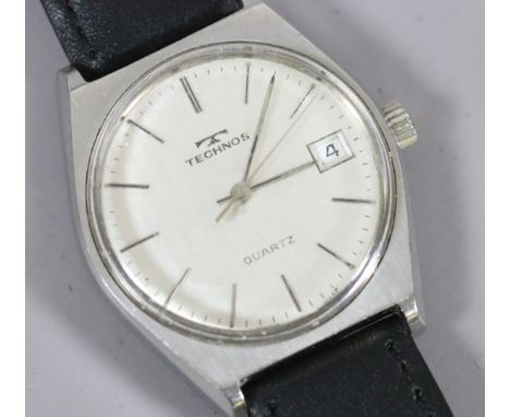 A gentlemen Technos quartz wristwatch with baton markers and date chapter.