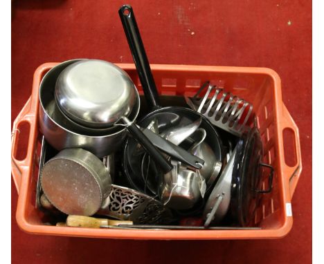 A box and contents of various metalwares and tools.