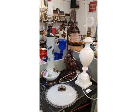 Painted glass table lamp, hard stone table lamp &amp; other light fittings