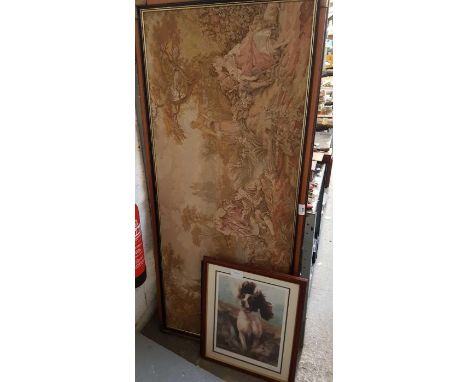 Large framed tapestry of a traditional scene and other framed pictures