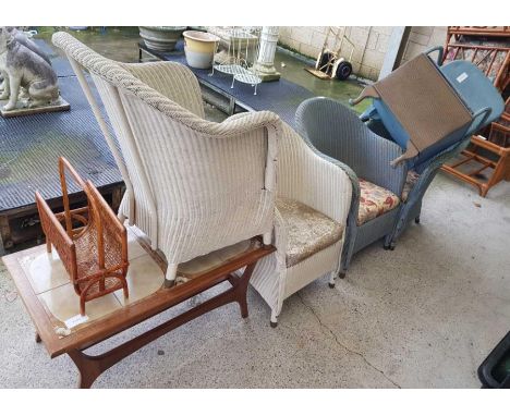 Collection of Lloyd Loom style armchairs, mid 20th century tile top coffee table &amp; bamboo magazine rack