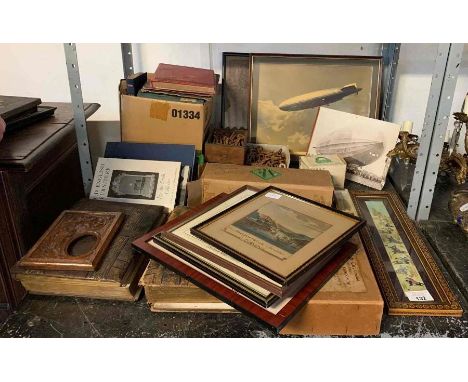 Shelf of ephemera to include Victorian photo albums, scrap books, old 19th century books and magazines etc