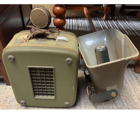 Outdoor speaker, reel to reel tape deck and microphone