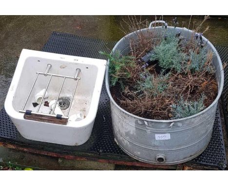 Twyfords belfast sink with draining rack along with galvanised planter