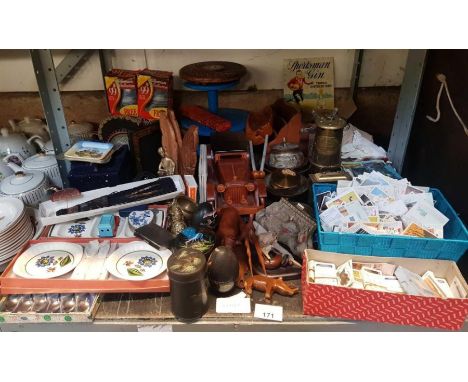 Brass miners lamp, wooden Rolls Royce, cigarette cards, other collectables etc