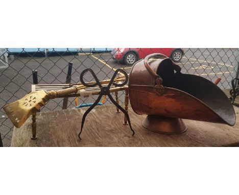 Copper coal scuttle, brass trivet &amp; fireside tools