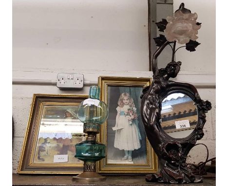 Art Nouveau style desk lamp &amp; mirror, oil lamp &amp; other items