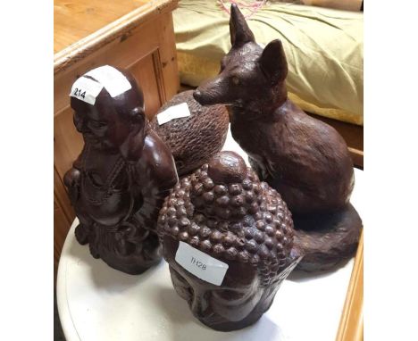 Metal Buddha figure, composite fox, hedgehog + 1 other item