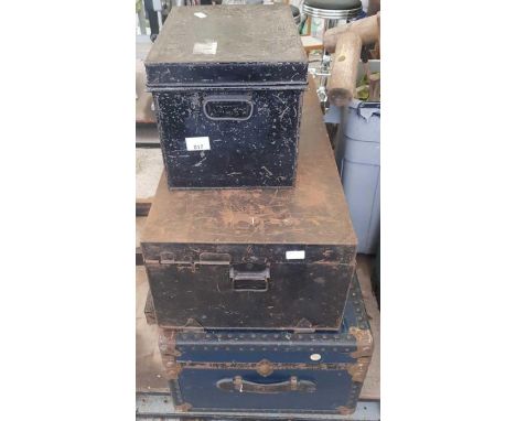 2 vintage metal tin trunks &amp; 1 other trunk
