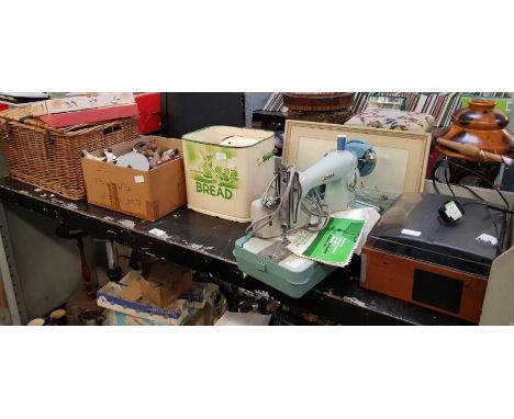 Jones sewing machine, enamel bread bin, various ceramic animal figures &amp; other items 