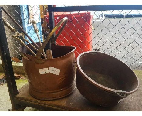 Copper coal scuttle, copper pan &amp; fireside tools