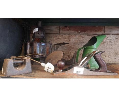 Moroccan style outdoor lamp, vintage oil jug, plane and other items