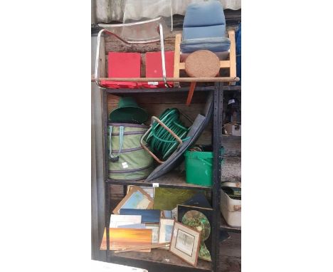 Mid century &amp; other original art work milking stool, childs vintage seating, garden tools etc